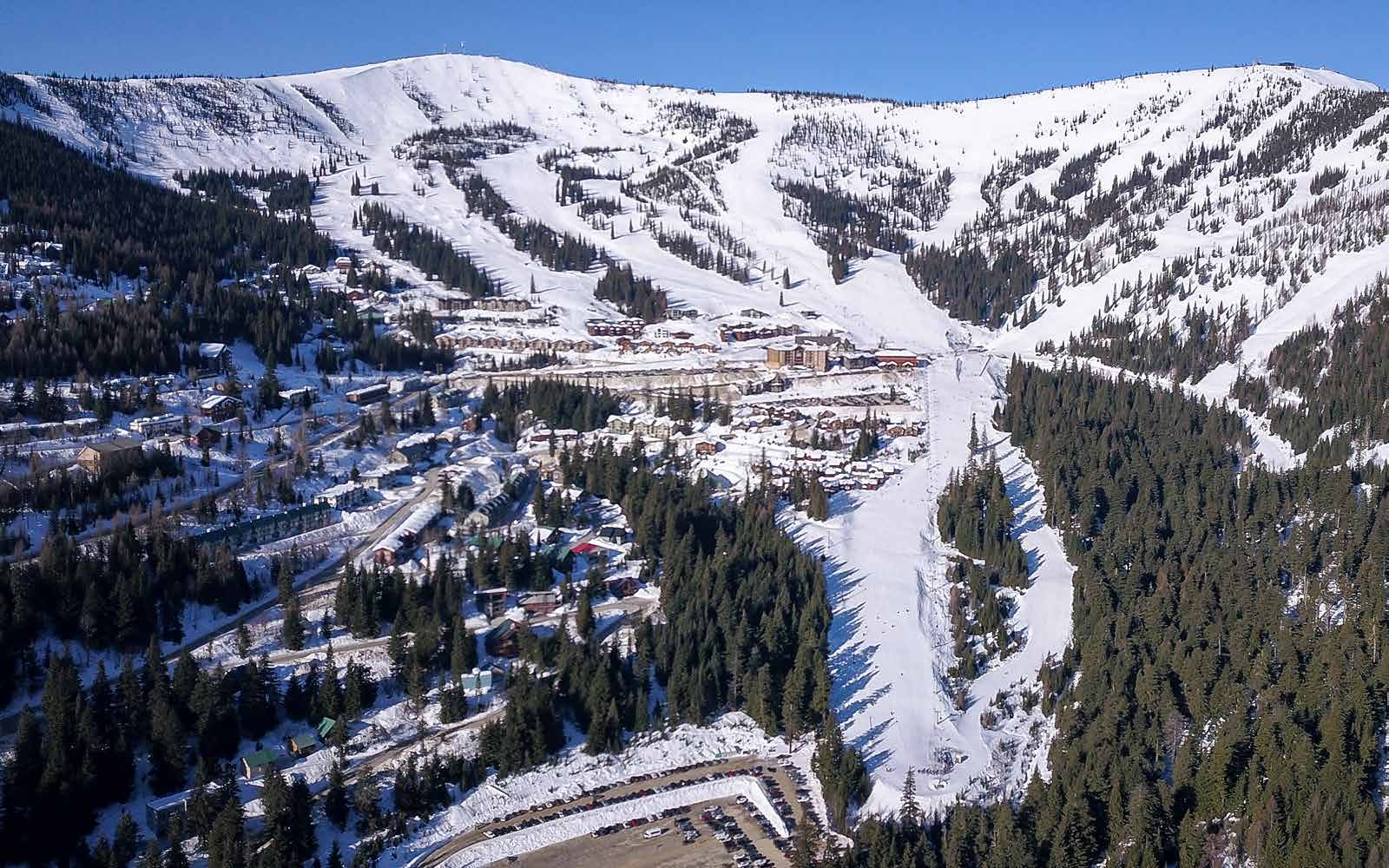 Aerial view of Schweitzer Village and the ski runs above Sandpoint